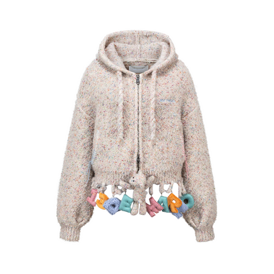 13DE MARZO Colorful Dot Knit Letter Fringe Cardigan Beige