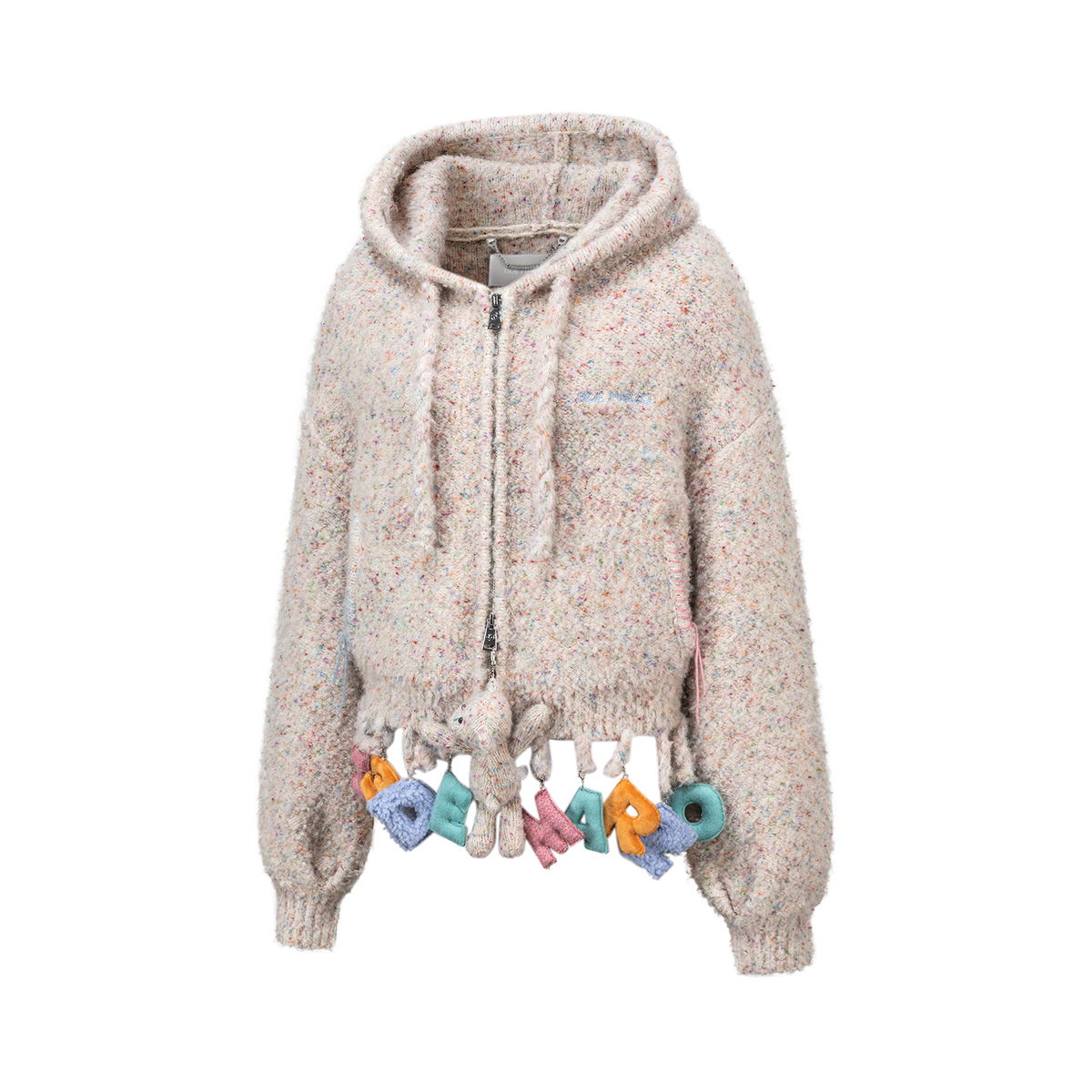 13DE MARZO Colorful Dot Knit Letter Fringe Cardigan Beige