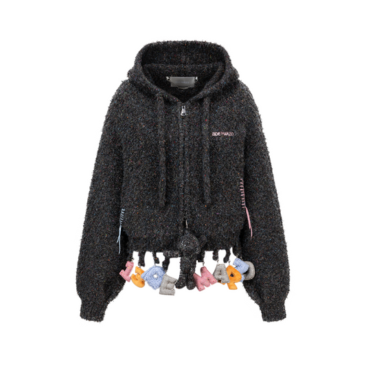 13DE MARZO Colorful Dot Knit Letter Fringe Cardigan Grey
