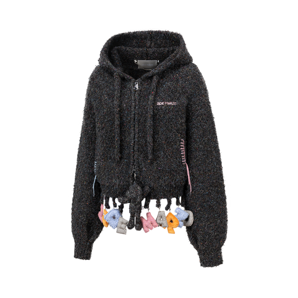 13DE MARZO Colorful Dot Knit Letter Fringe Cardigan Grey