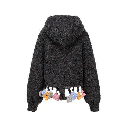 13DE MARZO Colorful Dot Knit Letter Fringe Cardigan Grey
