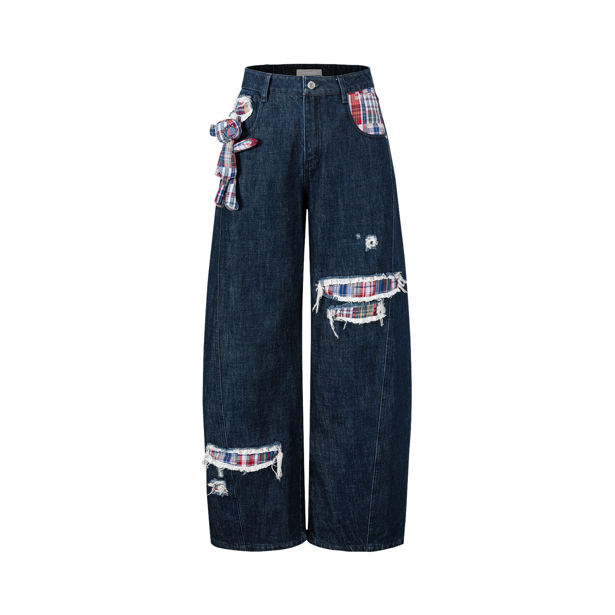 13DE MARZO Irregular Plaid Ripped Jeans Navy Blue