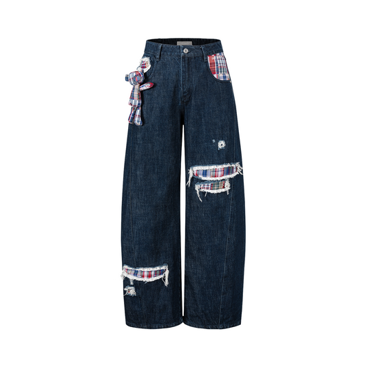 13DE MARZO Irregular Plaid Ripped Jeans Navy Blue