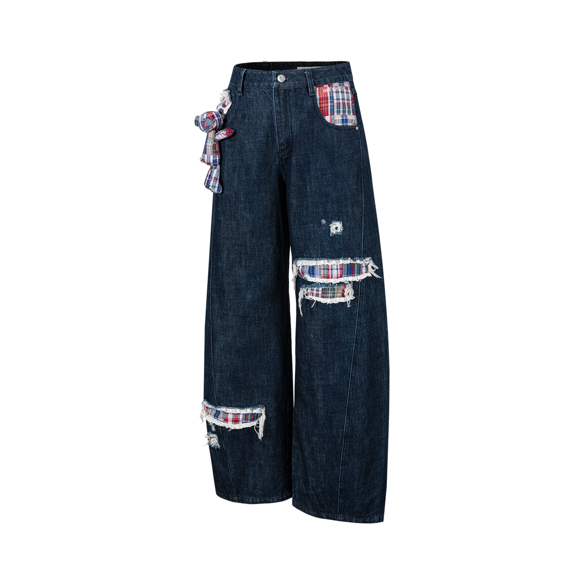 13DE MARZO Irregular Plaid Ripped Jeans Navy Blue
