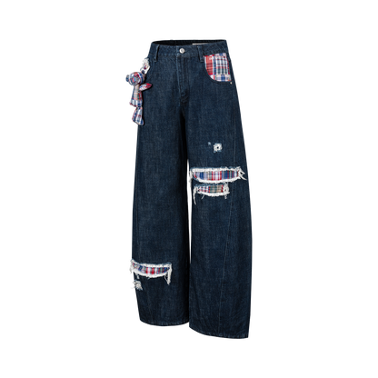13DE MARZO Irregular Plaid Ripped Jeans Navy Blue