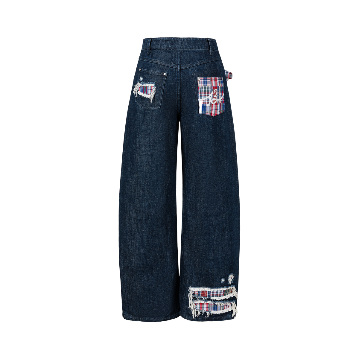 13DE MARZO Irregular Plaid Ripped Jeans Navy Blue