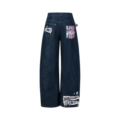 13DE MARZO Irregular Plaid Ripped Jeans Navy Blue