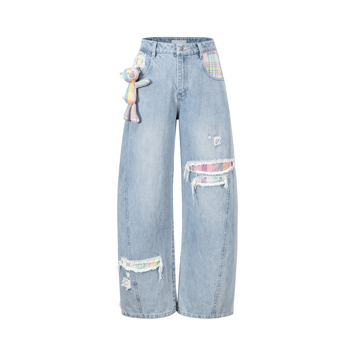 13DE MARZO Irregular Plaid Ripped Jeans Blue