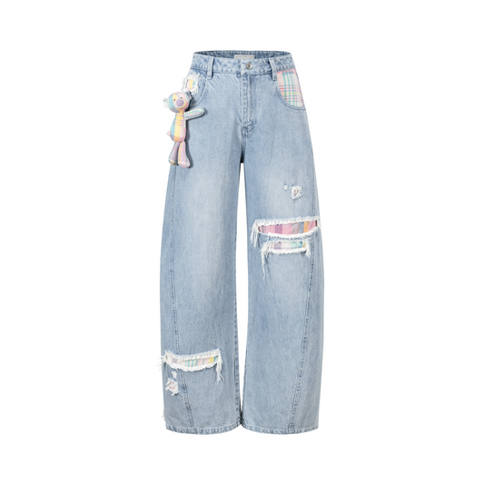 13DE MARZO Irregular Plaid Ripped Jeans Blue