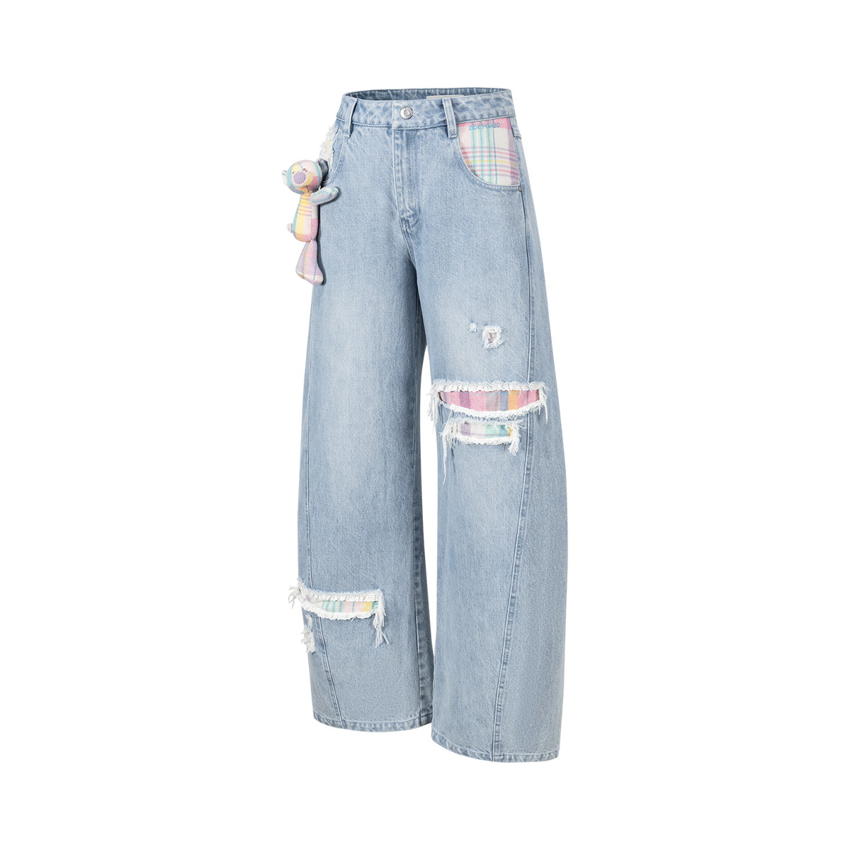 13DE MARZO Irregular Plaid Ripped Jeans Blue