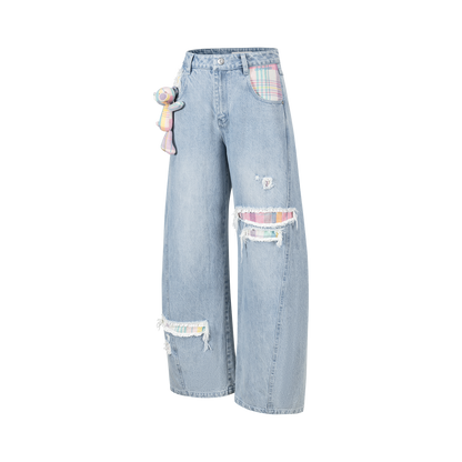 13DE MARZO Irregular Plaid Ripped Jeans Blue