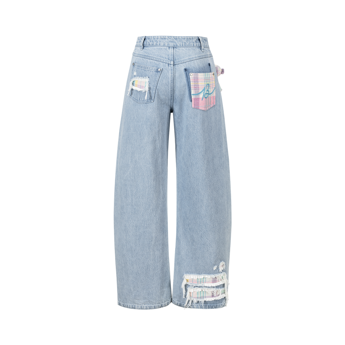 13DE MARZO Irregular Plaid Ripped Jeans Blue