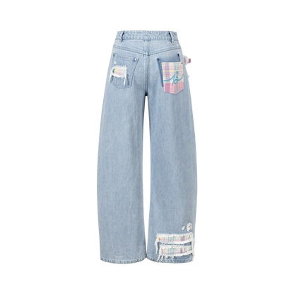 13DE MARZO Irregular Plaid Ripped Jeans Blue