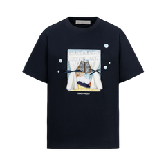 13DE MARZO Patchwork Bear Bath Scene T-shirt Navy Blue