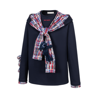 13DE MARZO Plaid Deconstructed Long Sleeve Navy Blue