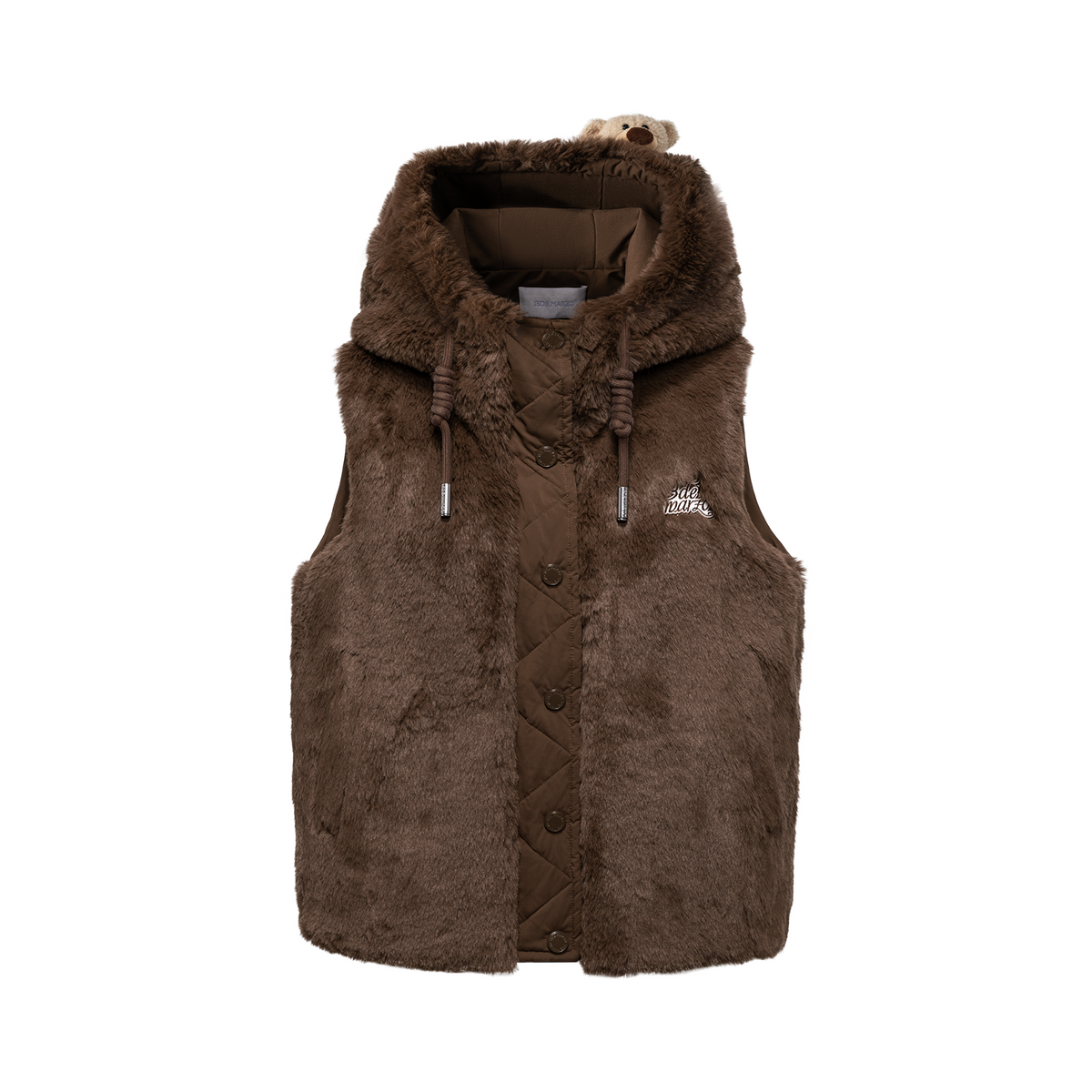 13DE MARZO Patchwork Down Hooded Vest Brown