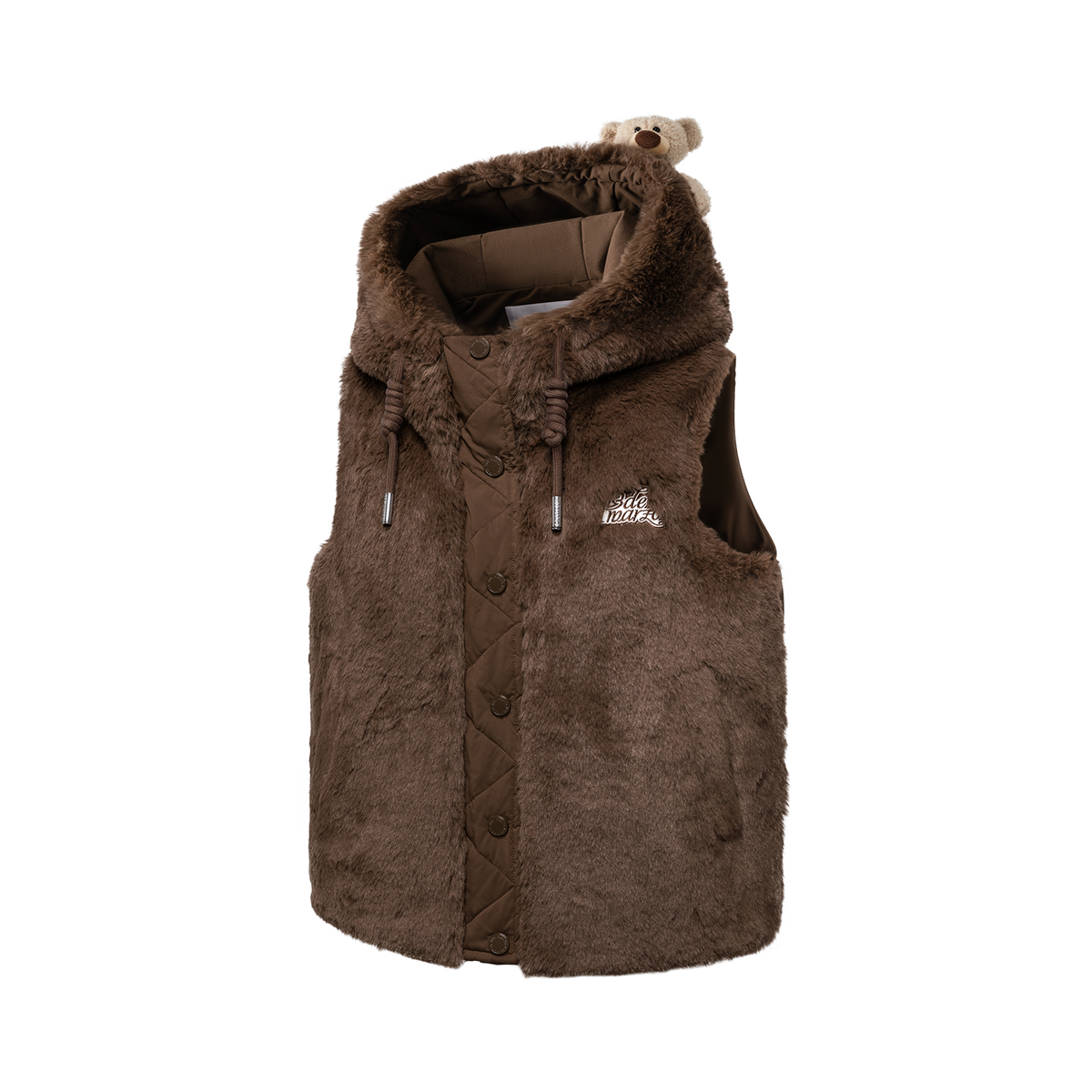 13DE MARZO Patchwork Down Hooded Vest Brown