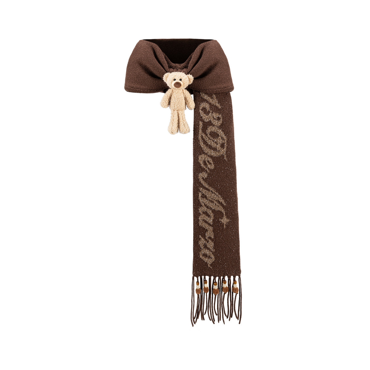 13DE MARZO Doozoo Bow Tassel Beaded Scarf Brown