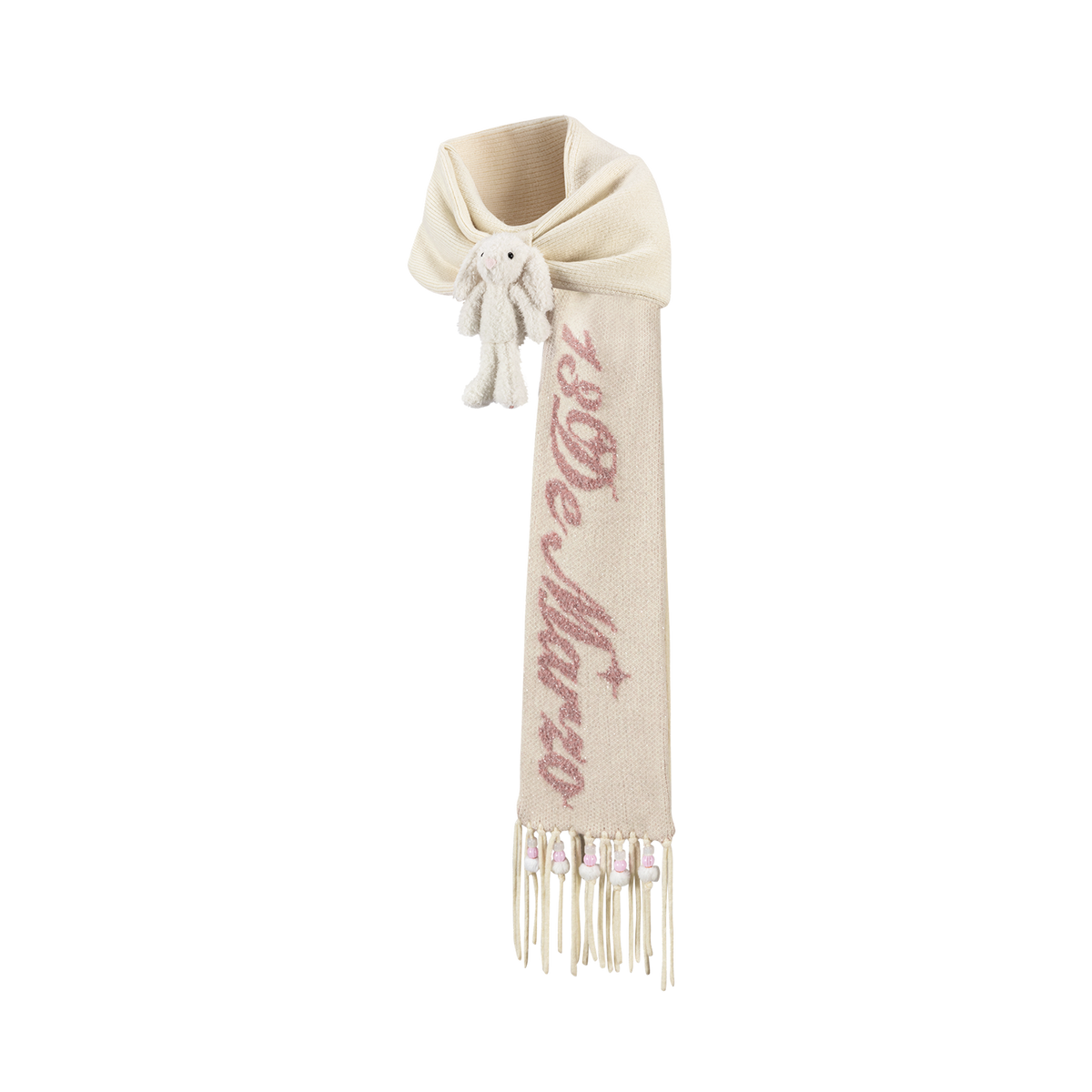 13DE MARZO Doozoo Bow Tassel Beaded Scarf Beige