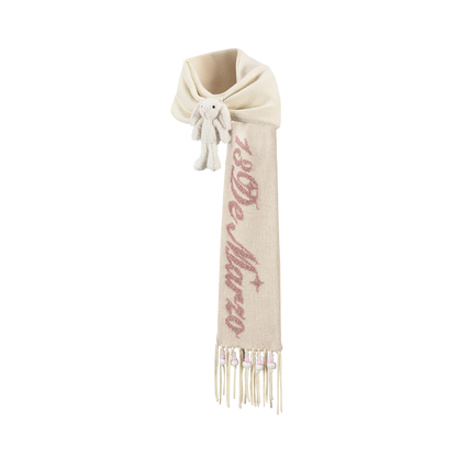 13DE MARZO Doozoo Bow Tassel Beaded Scarf Beige