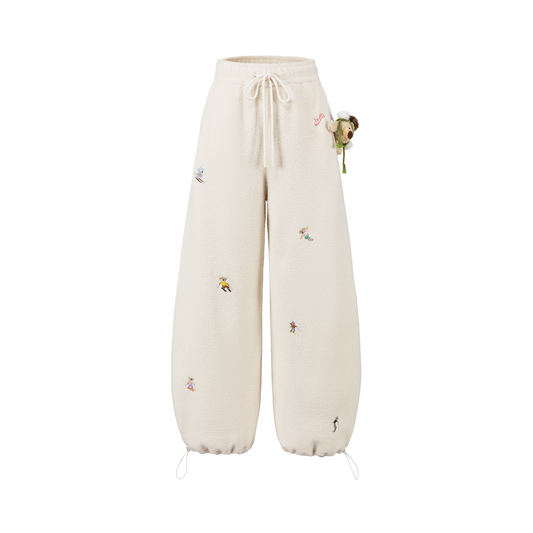 13DE MARZO All Over Embroidered Bear Casual Pants Beige - 13DE MARZO
