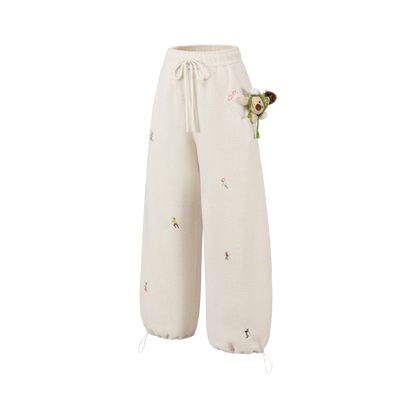 13DE MARZO All Over Embroidered Bear Casual Pants Beige - 13DE MARZO