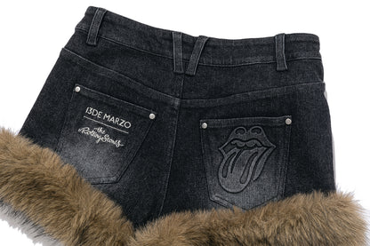 13DE MARZO Rolling Stones Denim Hot Shorts Black