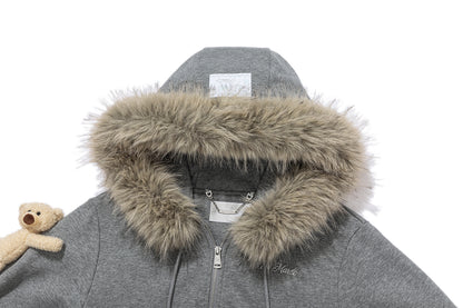 13DE MARZO Shimmer Snow Bear Zip Hoodie Grey