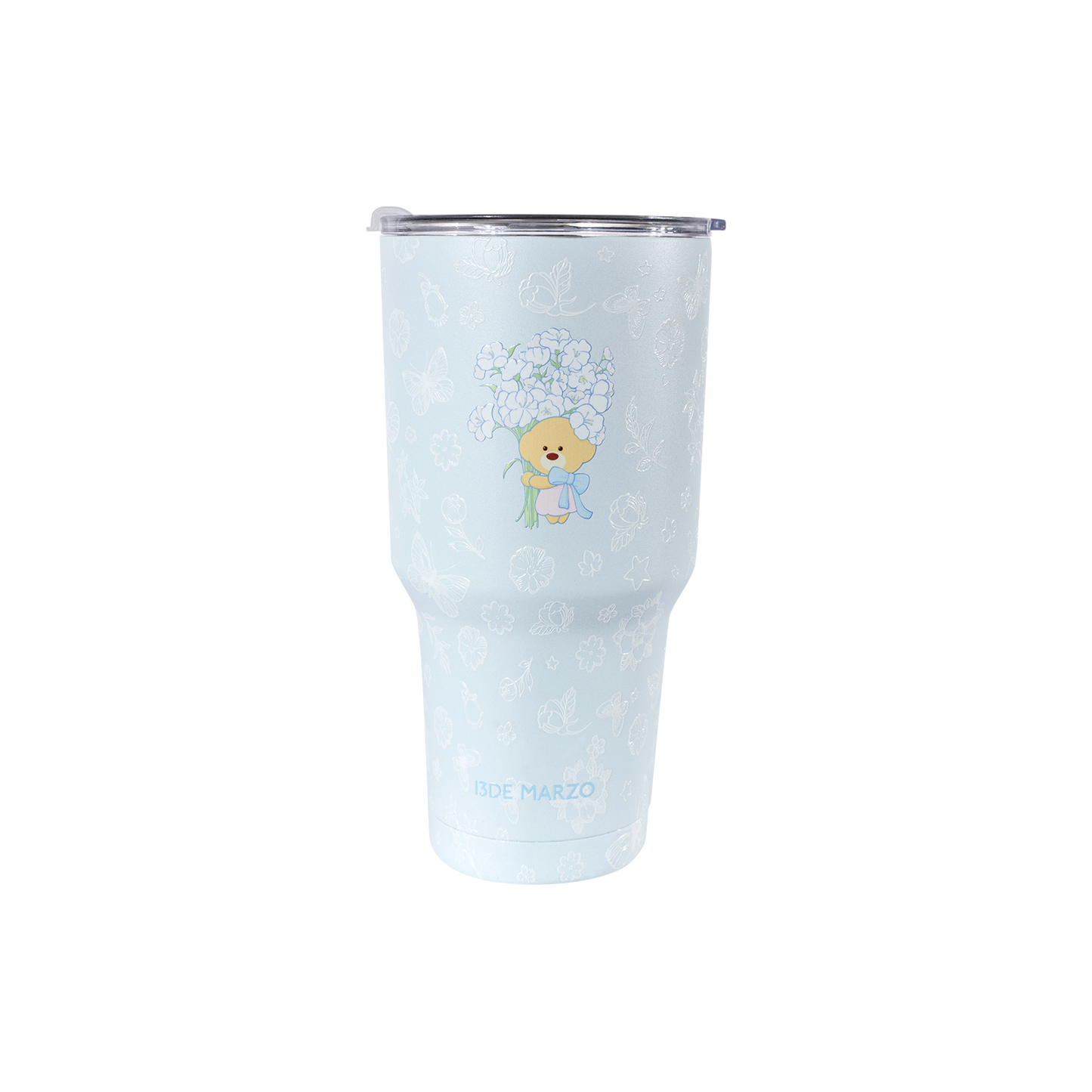 13DE MARZO Embossed Floral Bear Steel Cup Blue
