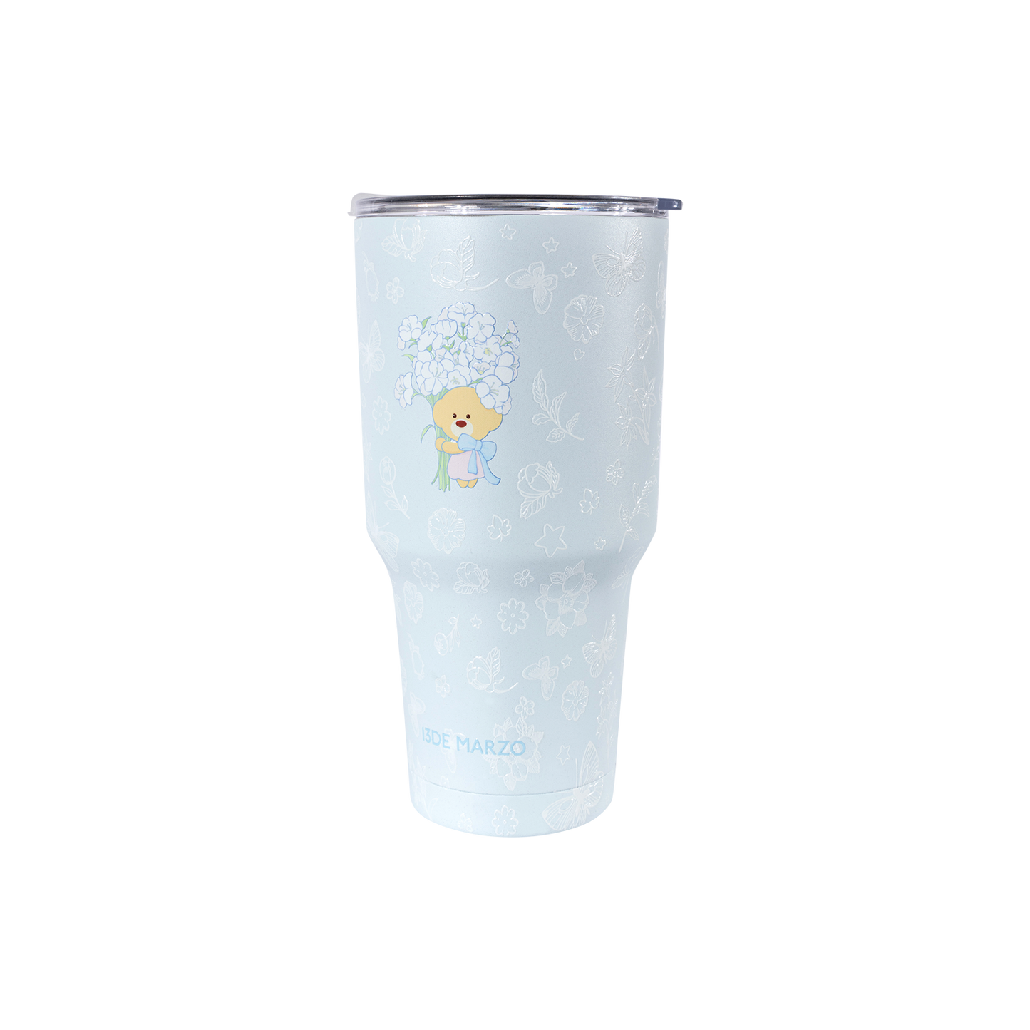 13DE MARZO Embossed Floral Bear Steel Cup Blue