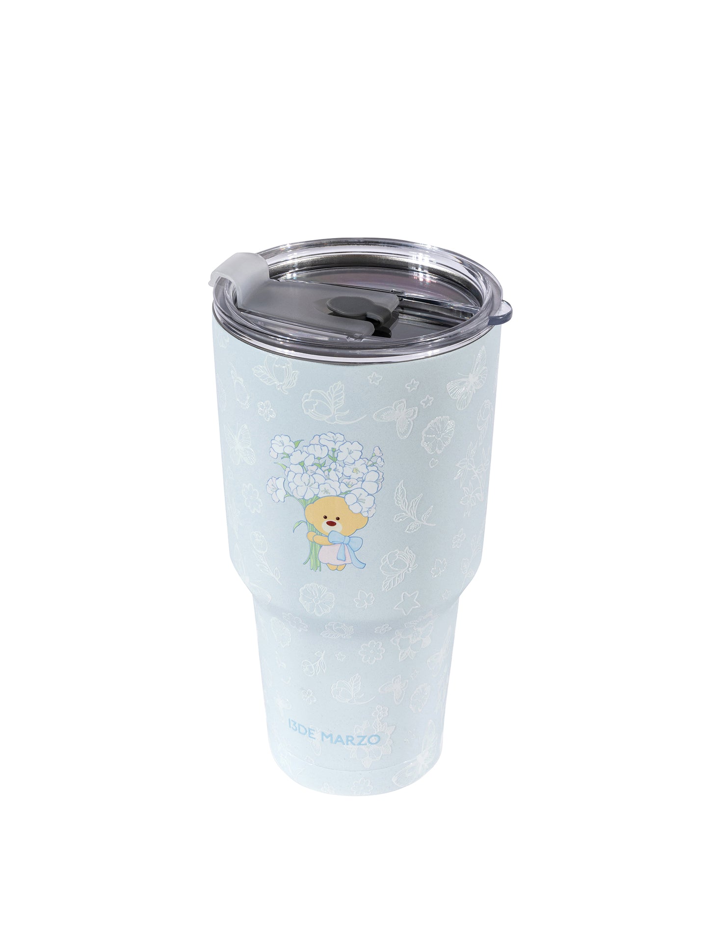 13DE MARZO Embossed Floral Bear Steel Cup Blue