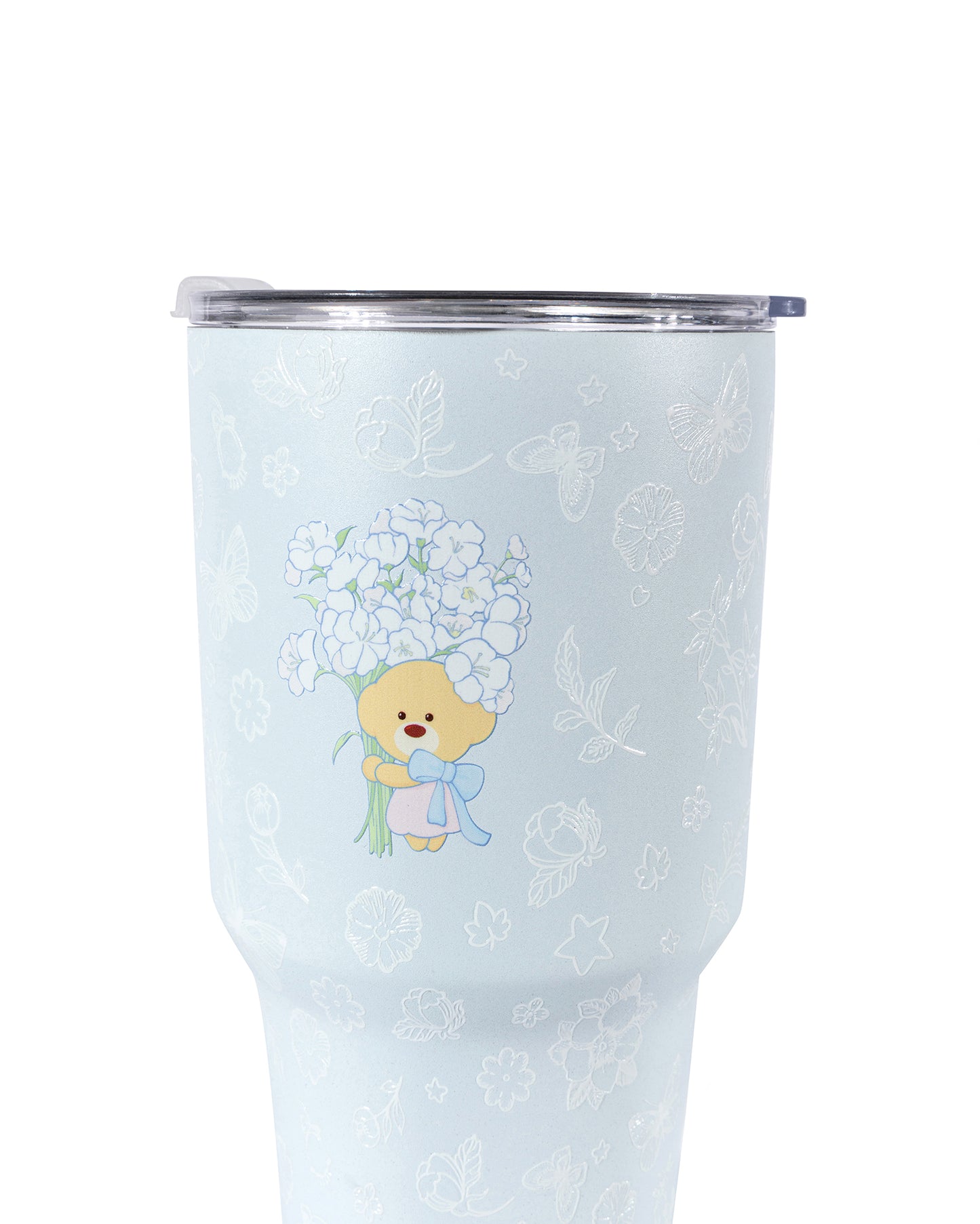 13DE MARZO Embossed Floral Bear Steel Cup Blue
