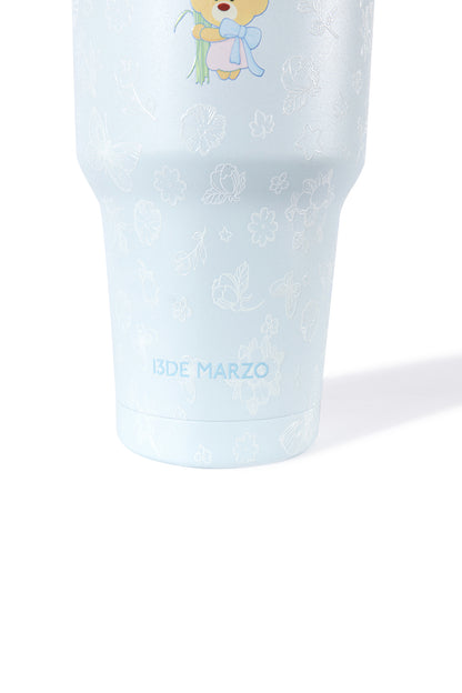 13DE MARZO Embossed Floral Bear Steel Cup Blue