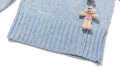 13DE MARZO Button Bear Slant Collar Sweater Blue