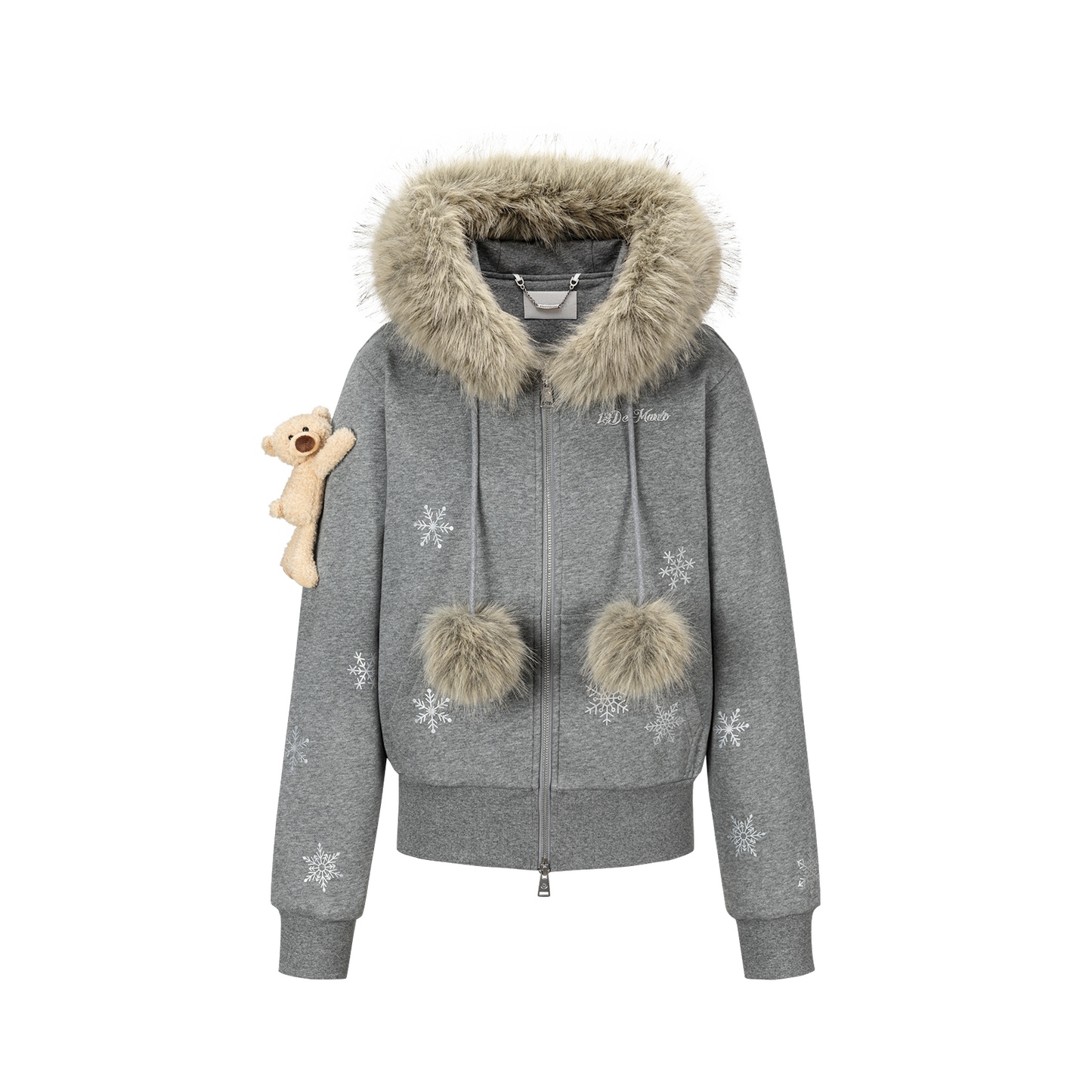 13DE MARZO Shimmer Snow Bear Zip Hoodie Grey