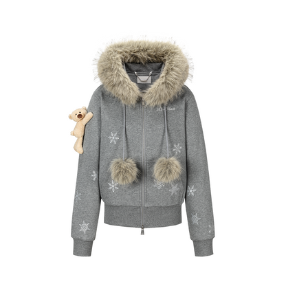 13DE MARZO Shimmer Snow Bear Zip Hoodie Grey