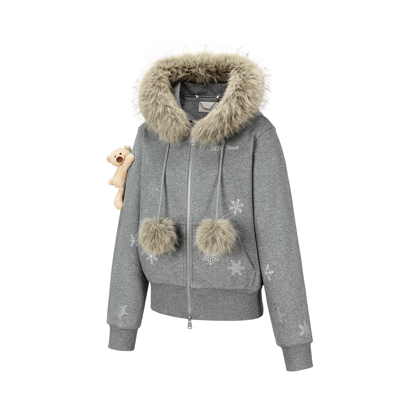 13DE MARZO Shimmer Snow Bear Zip Hoodie Grey
