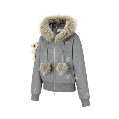 13DE MARZO Shimmer Snow Bear Zip Hoodie Grey