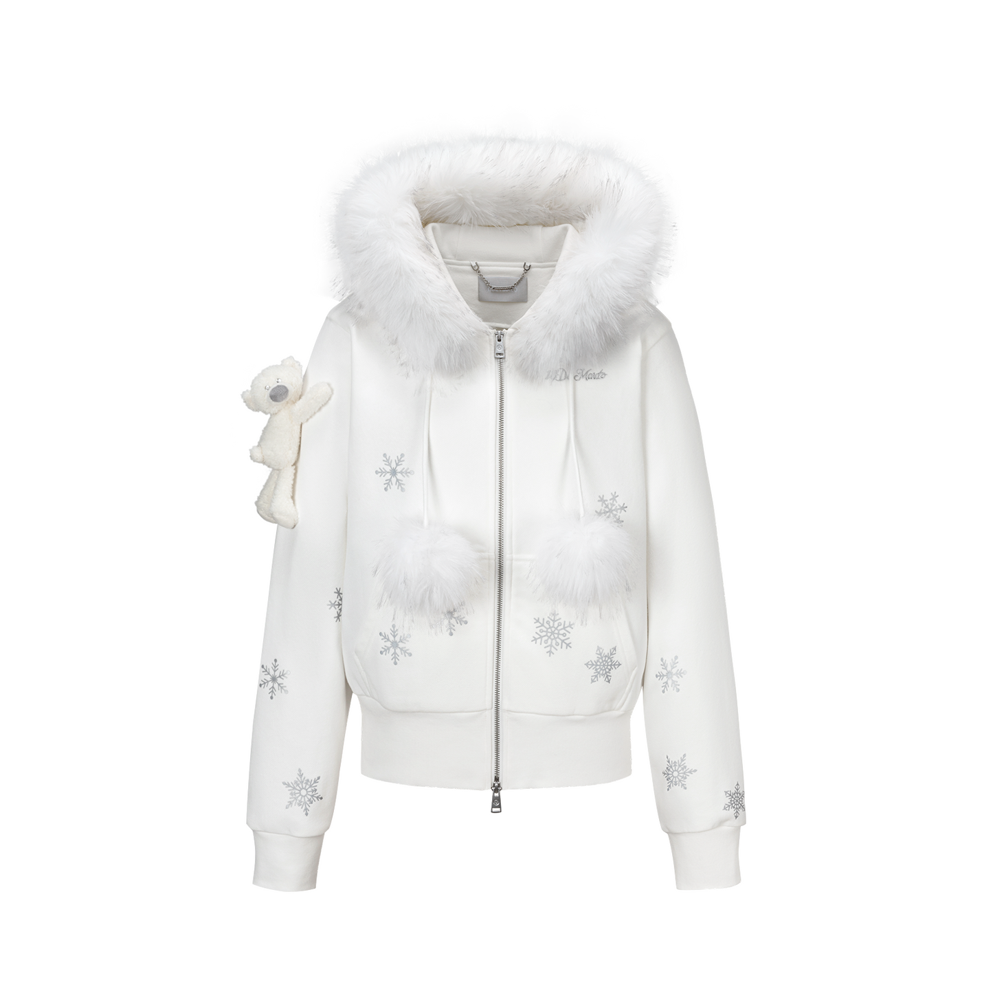 13DE MARZO Shimmer Snow Bear Zip Hoodie White