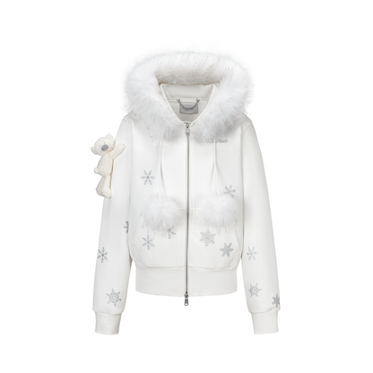13DE MARZO Shimmer Snow Bear Zip Hoodie White