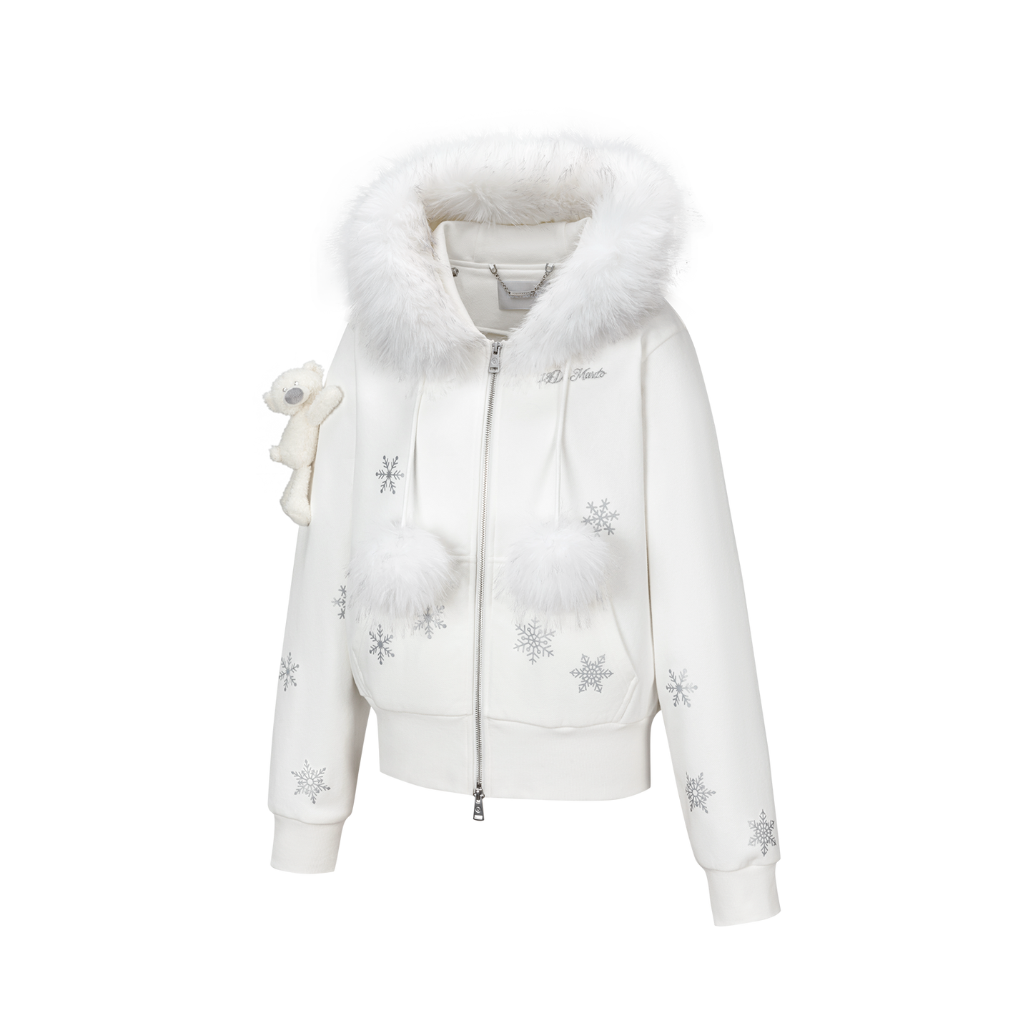 13DE MARZO Shimmer Snow Bear Zip Hoodie White