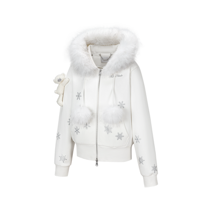 13DE MARZO Shimmer Snow Bear Zip Hoodie White