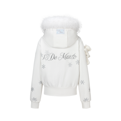 13DE MARZO Shimmer Snow Bear Zip Hoodie White