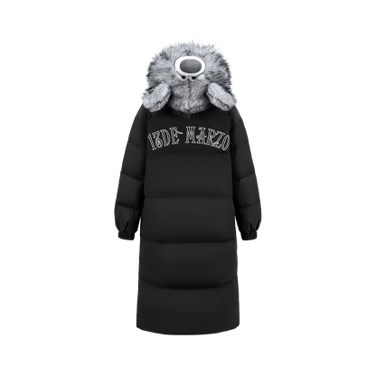 13DE MARZO Bear Hooded Long Down Coat Black
