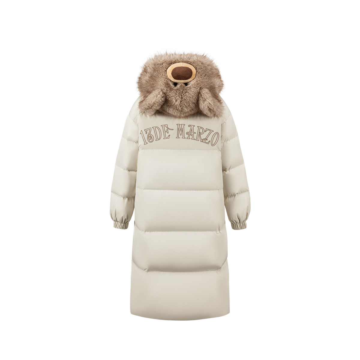 13DE MARZO Bear Hooded Long Down Coat Almond