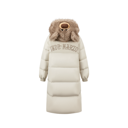 13DE MARZO Bear Hooded Long Down Coat Almond