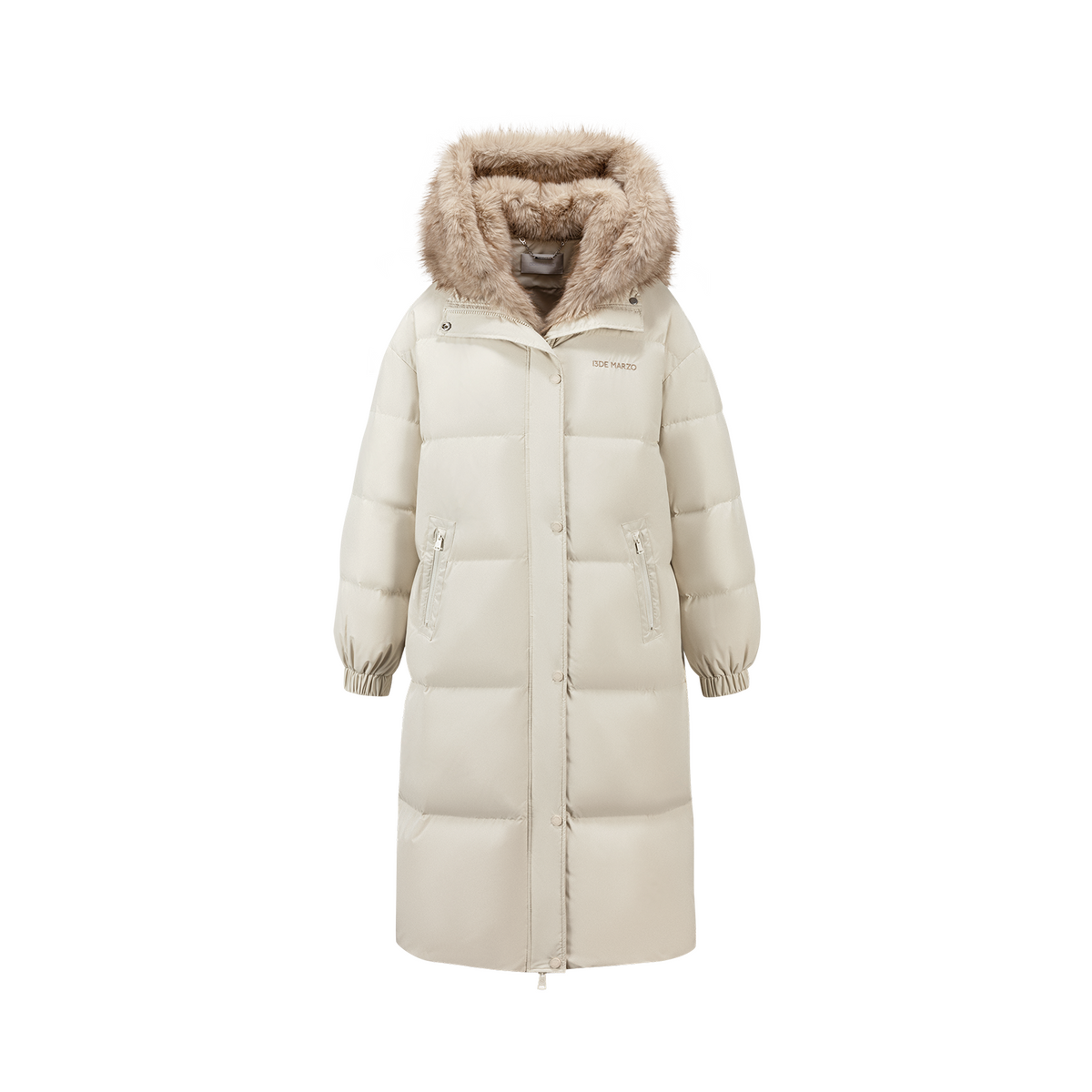13DE MARZO Bear Hooded Long Down Coat Almond