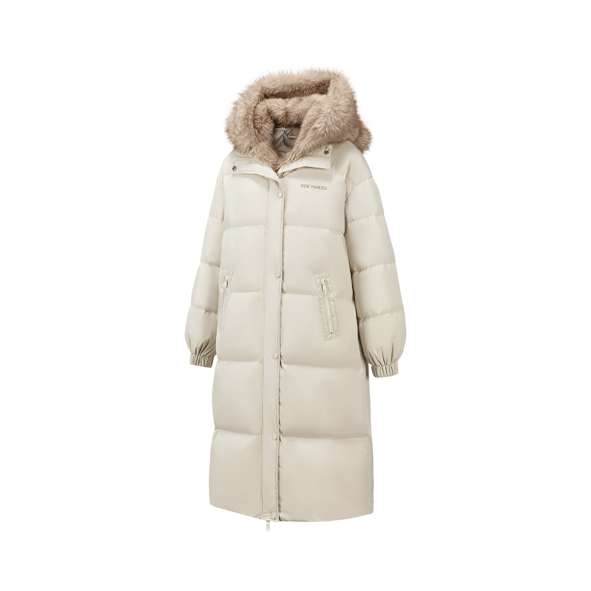 13DE MARZO Bear Hooded Long Down Coat Almond