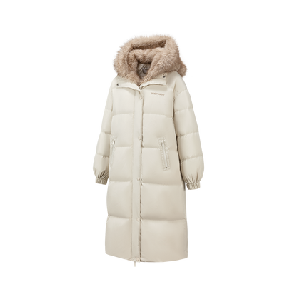 13DE MARZO Bear Hooded Long Down Coat Almond