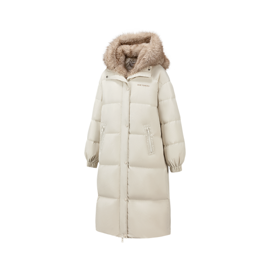 13DE MARZO Bear Hooded Long Down Coat Almond